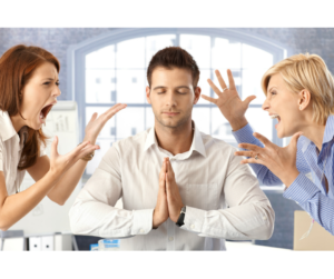 2 people arguing and 1 at peace image