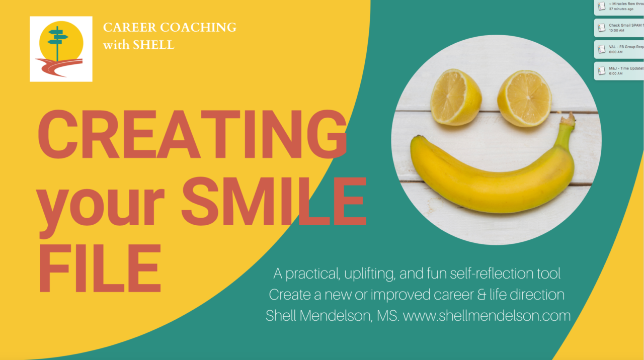 Flyer image for 'Career Coaching with Shell' featuring "creating your smile file"